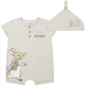 •NIP•Peter Rabbit Baby Unisex Short Sleeve Romper with Matching Hat- 12M